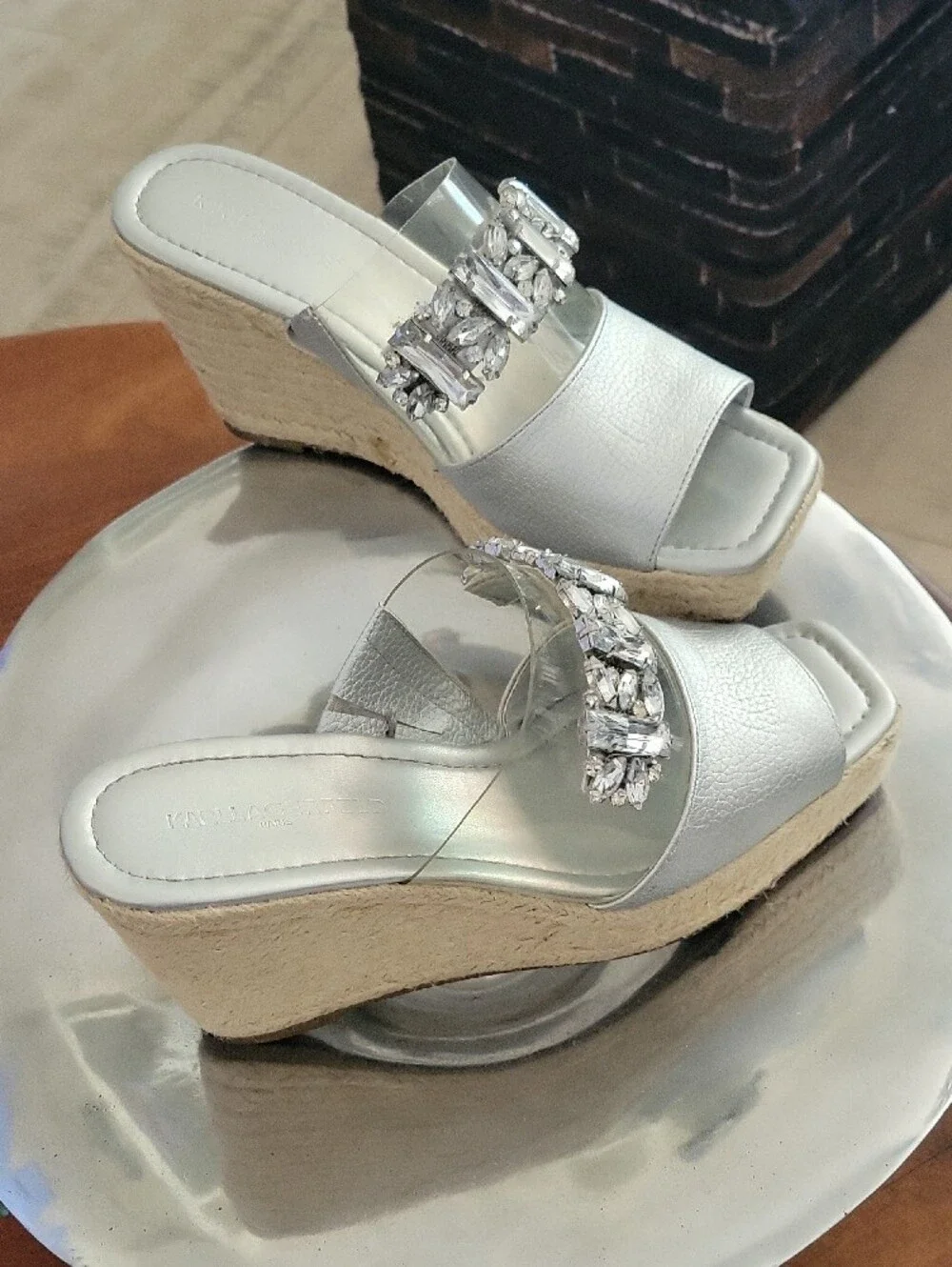 Karl Lagerfeld Carlana Silver Jeweled Espadrille Wedge Mules